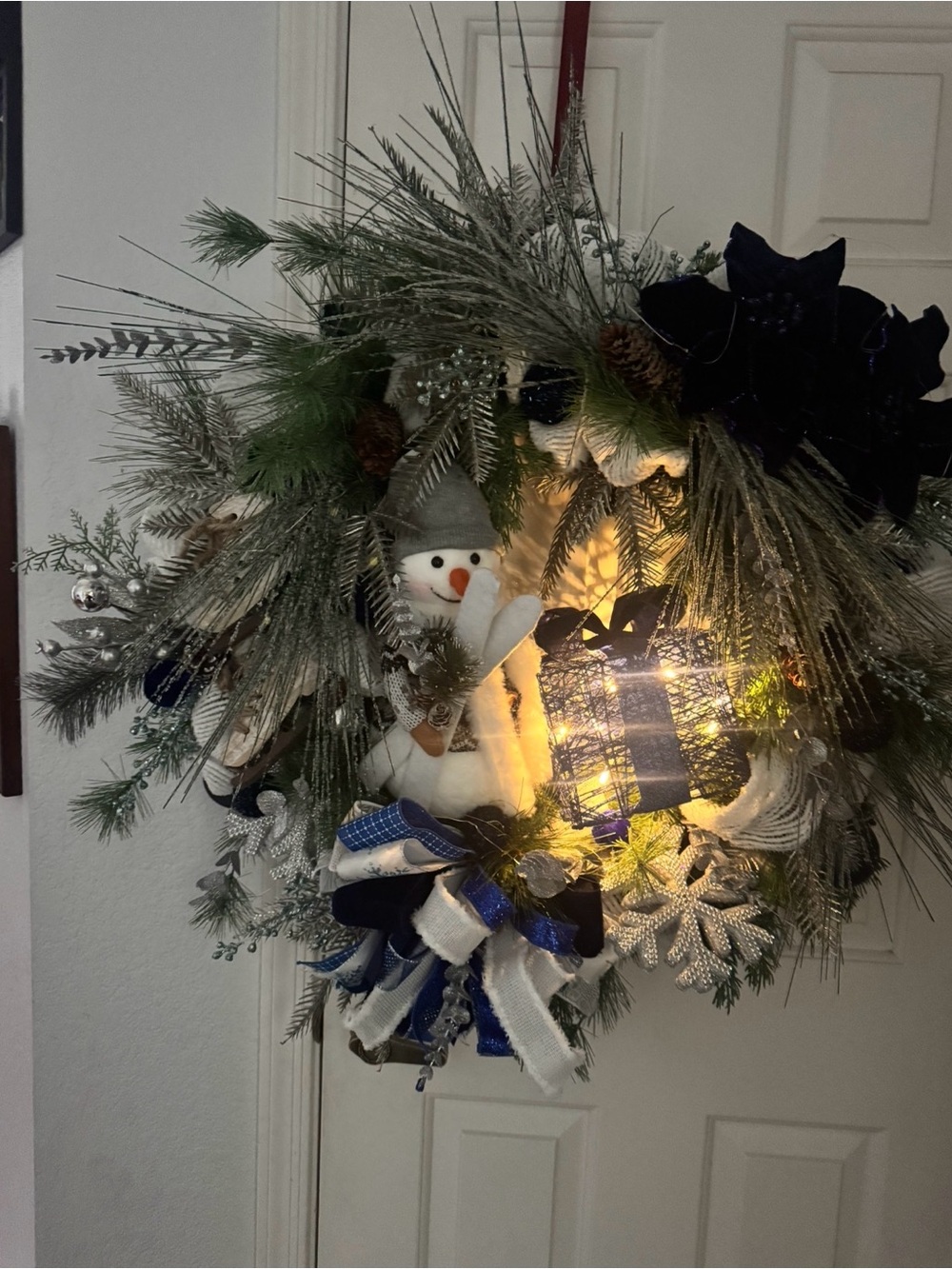 Holiday Snowman Pine Wreath with Blue Accents, Fairy lights and Lighted Gift
